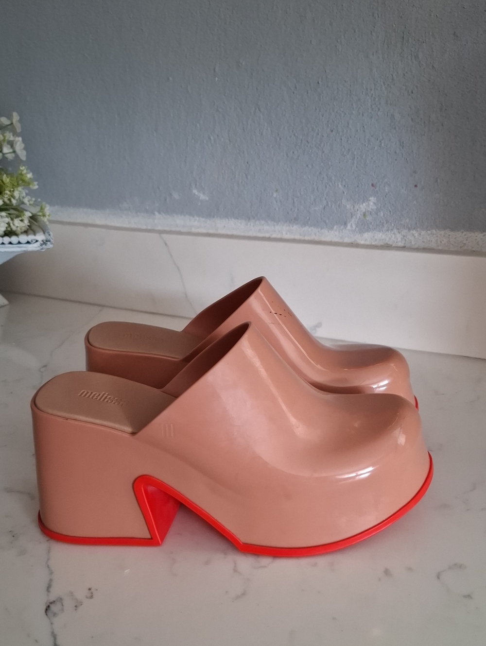 Melissa Nude Platform Mules with Orange Accent